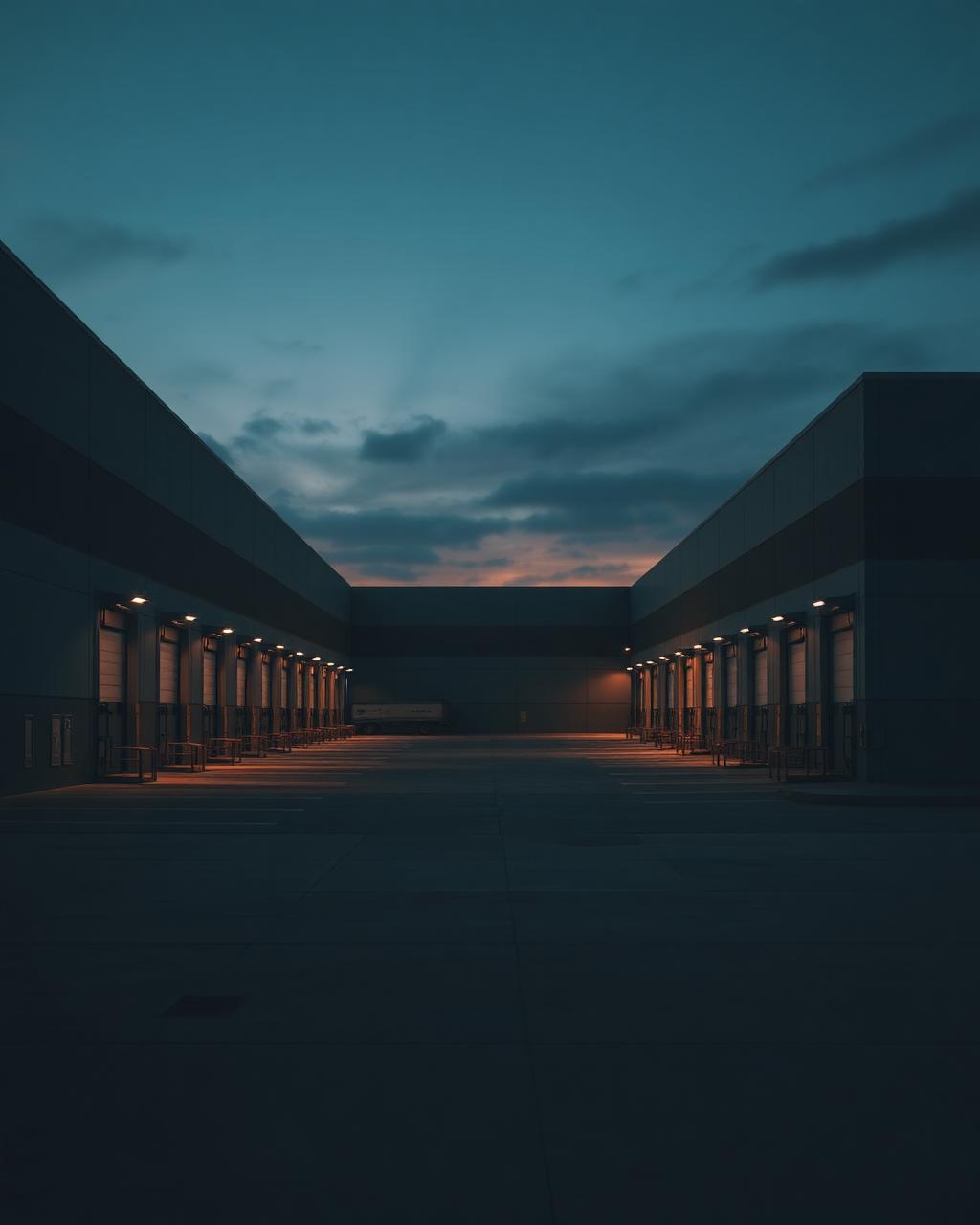 Logistikhalle mit Laderampen in der Abenddämmerung